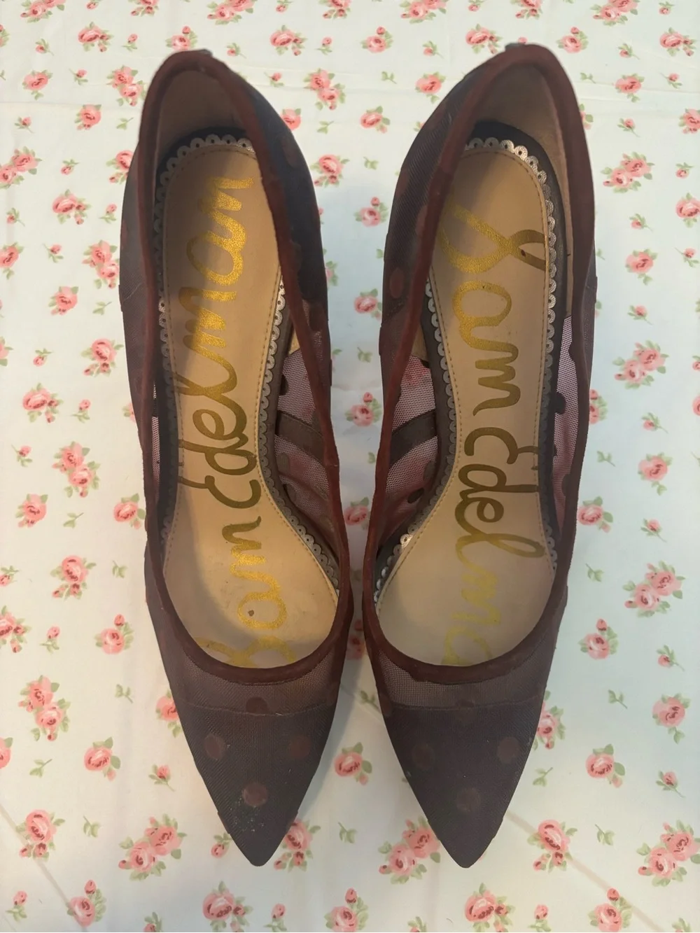 Sam Edelman Burgundy Polka-Dot Mesh Pointed Pumps